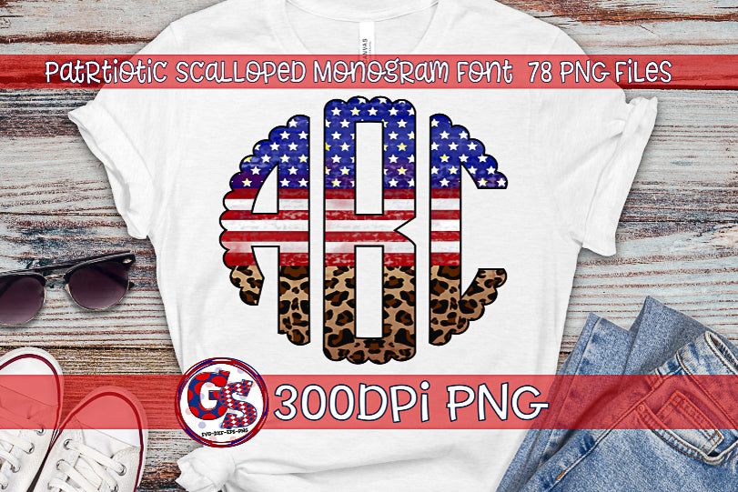 Patriotic Scalloped Monogram Font Set PNG for Sublimation