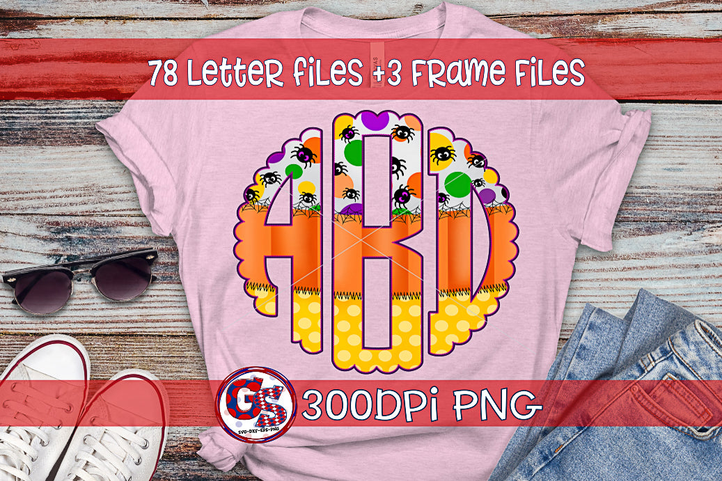 Halloween Candy Corn & Spider Scalloped Monogram Set PNG for Sublimation