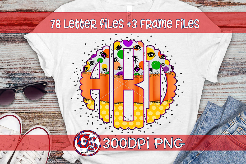 Halloween Candy Corn & Spider Scalloped Monogram Set PNG for Sublimation