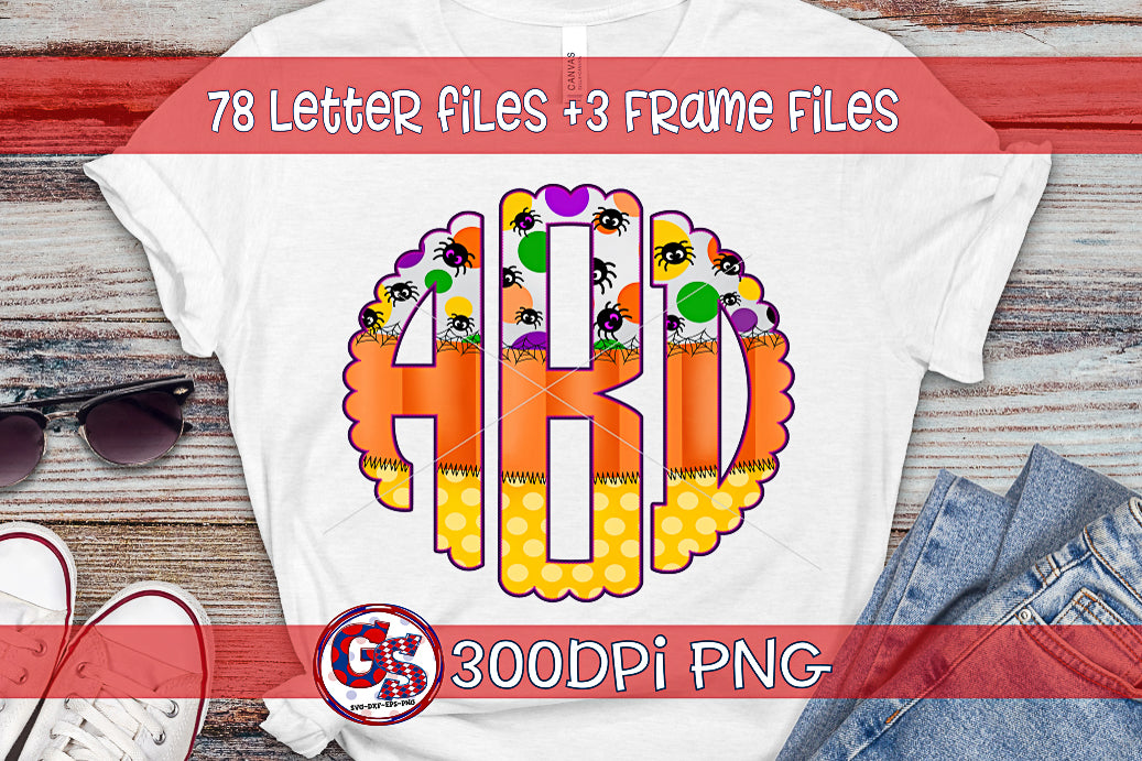 Halloween Candy Corn & Spider Scalloped Monogram Set PNG for Sublimation