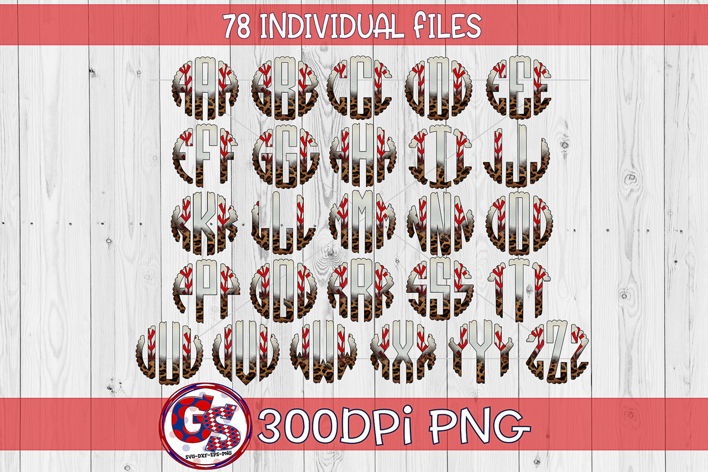 Baseball and Leopard Scalloped Monogram Font Set PNG for Sublimation