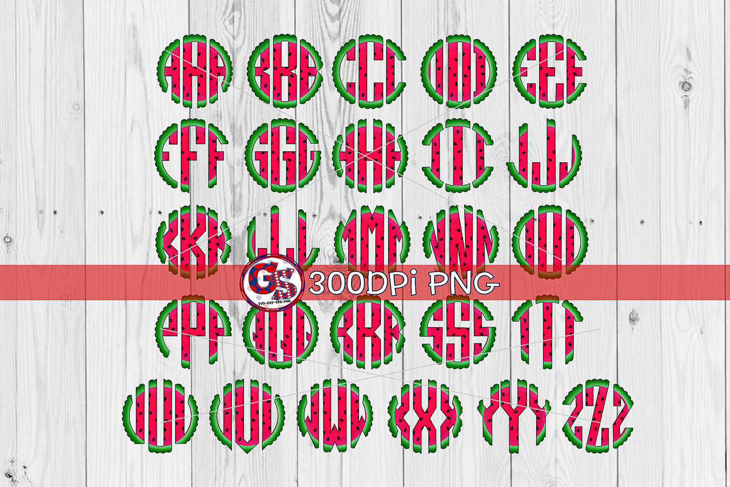 Watermelon Scalloped Monogram Font Set PNG for Sublimation