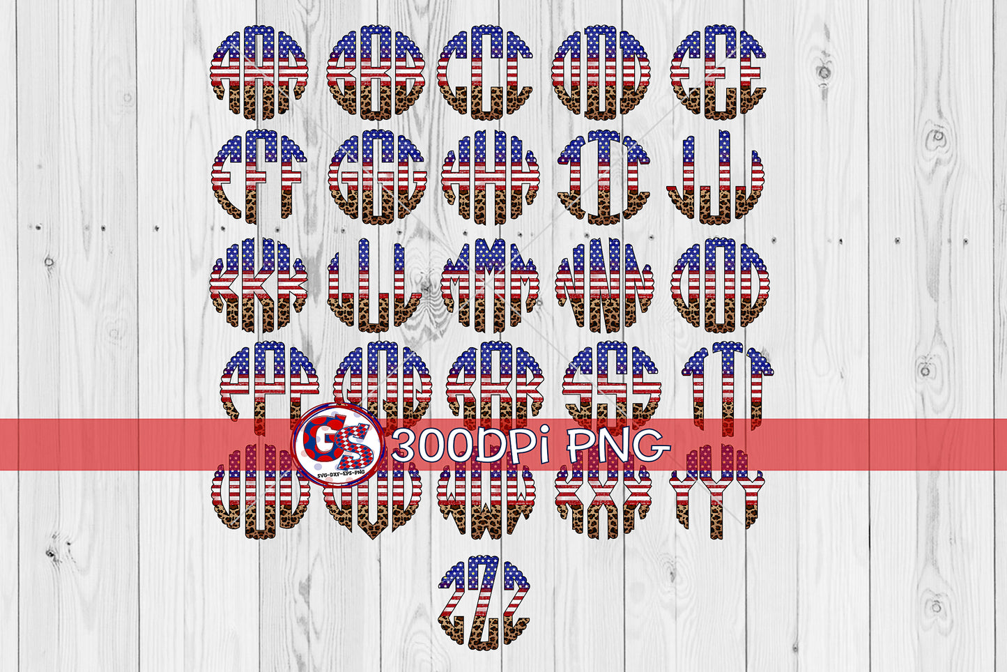 Patriotic Scalloped Monogram Font Set PNG for Sublimation
