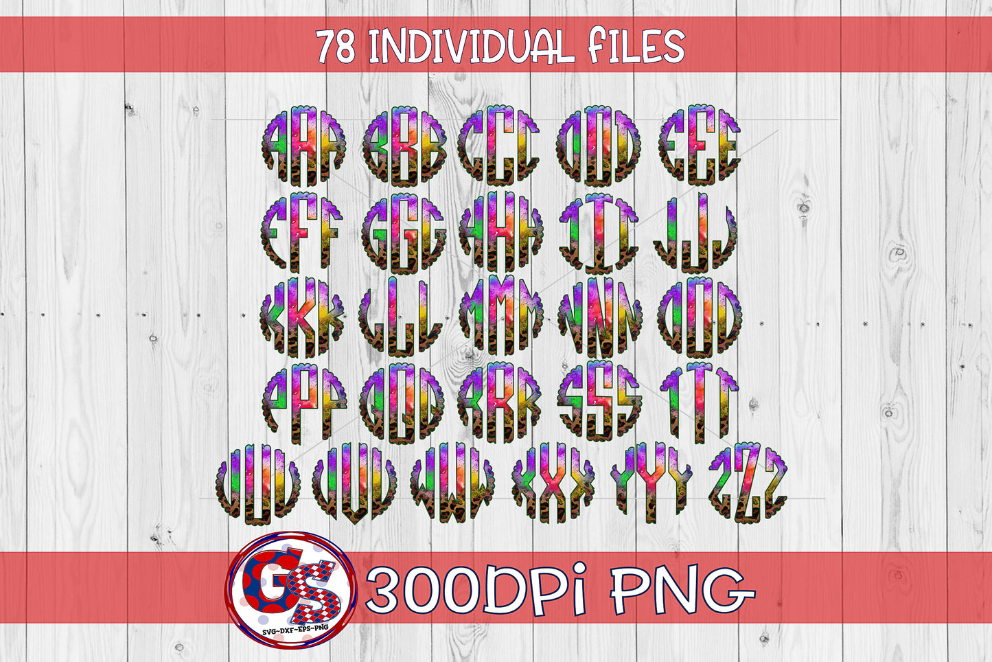 Watercolor Tie Dye Scalloped Monogram Font Set PNG for Sublimation