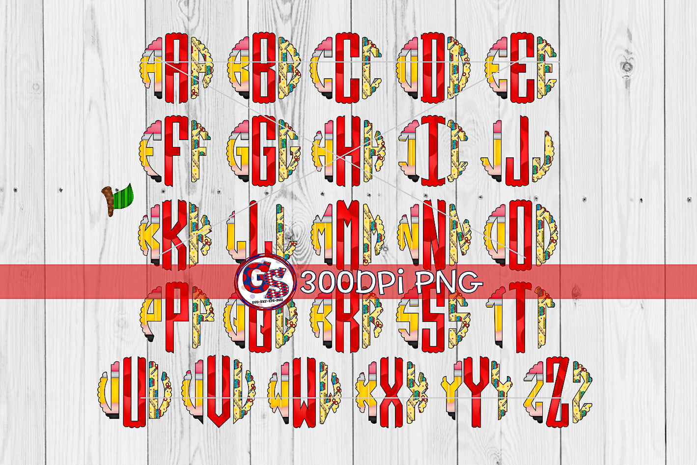 Teacher Scalloped Monogram Font Set PNG for Sublimation