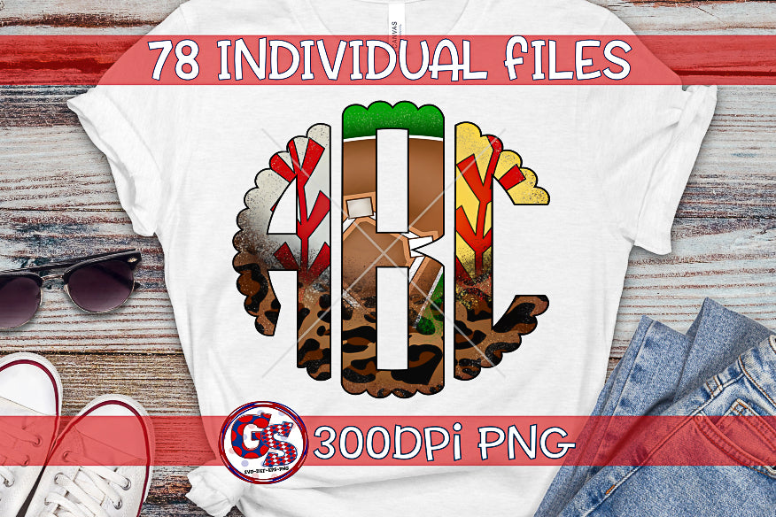 Baseball and Softball Scalloped Monogram Font Set PNG for Sublimation