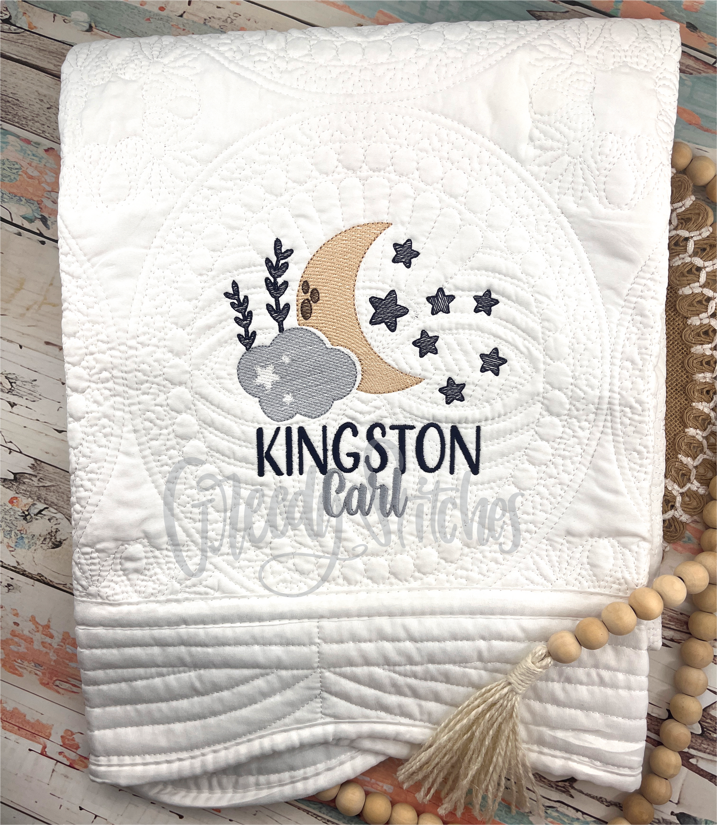 Embroidered Moon & Stars Personalized Heirloom Quilt in White