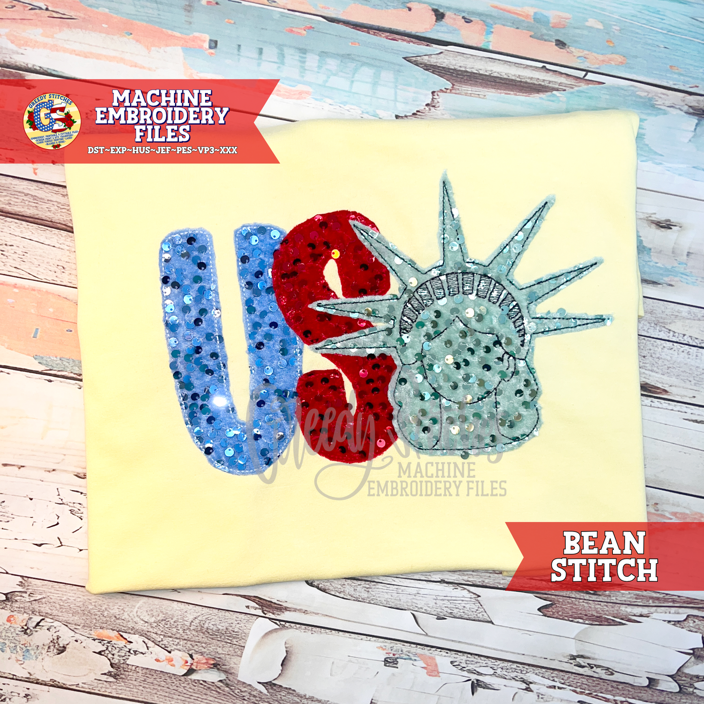 USA Lady Liberty Bean Stitch Machine Embroidery Design