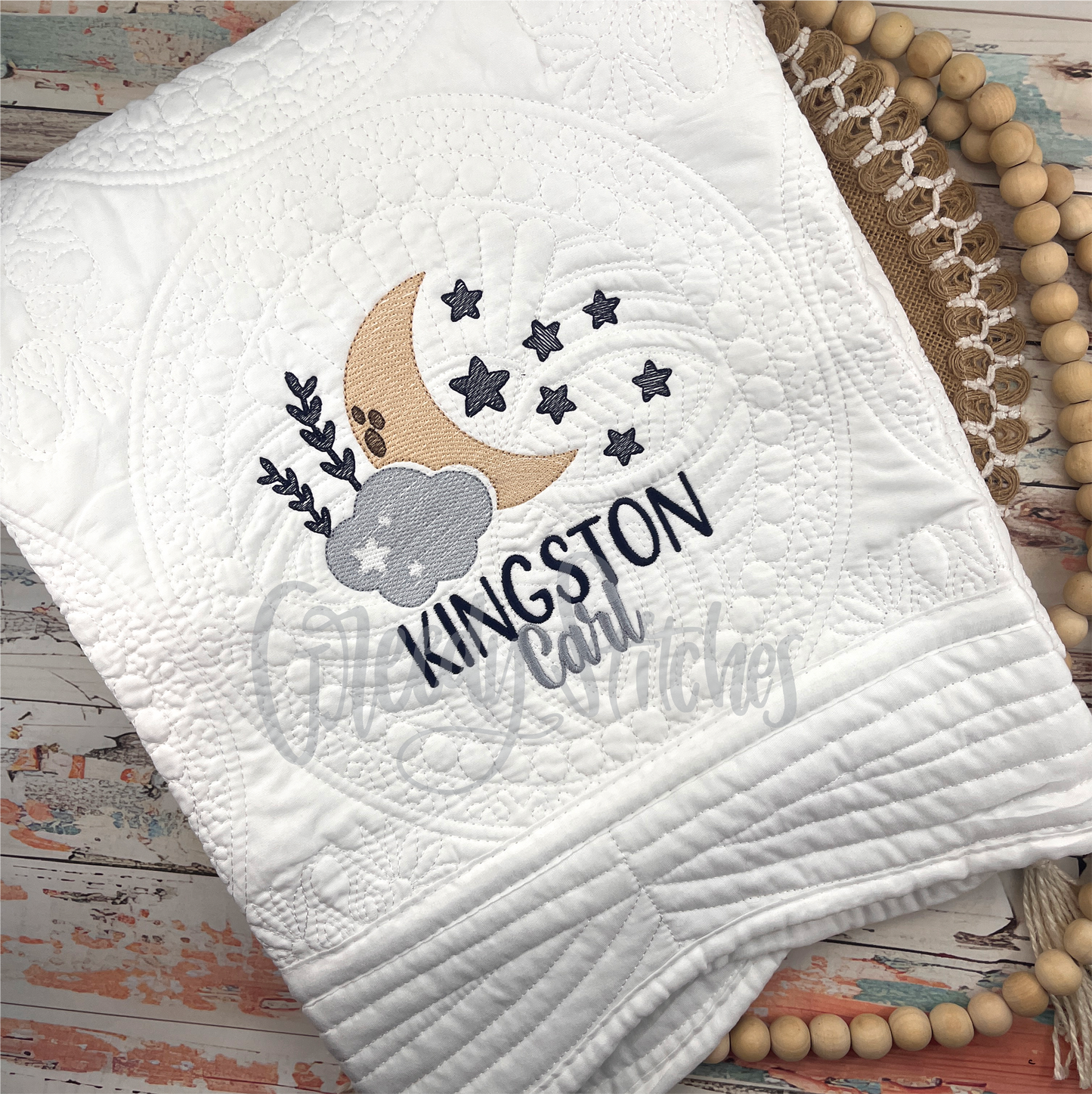 Embroidered Moon & Stars Personalized Heirloom Quilt in White