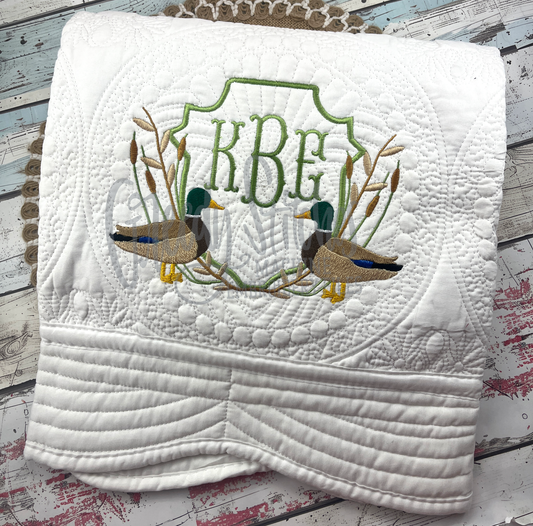Mallard Crest Embroidered Personalized Heirloom Quilt in White with White Trim