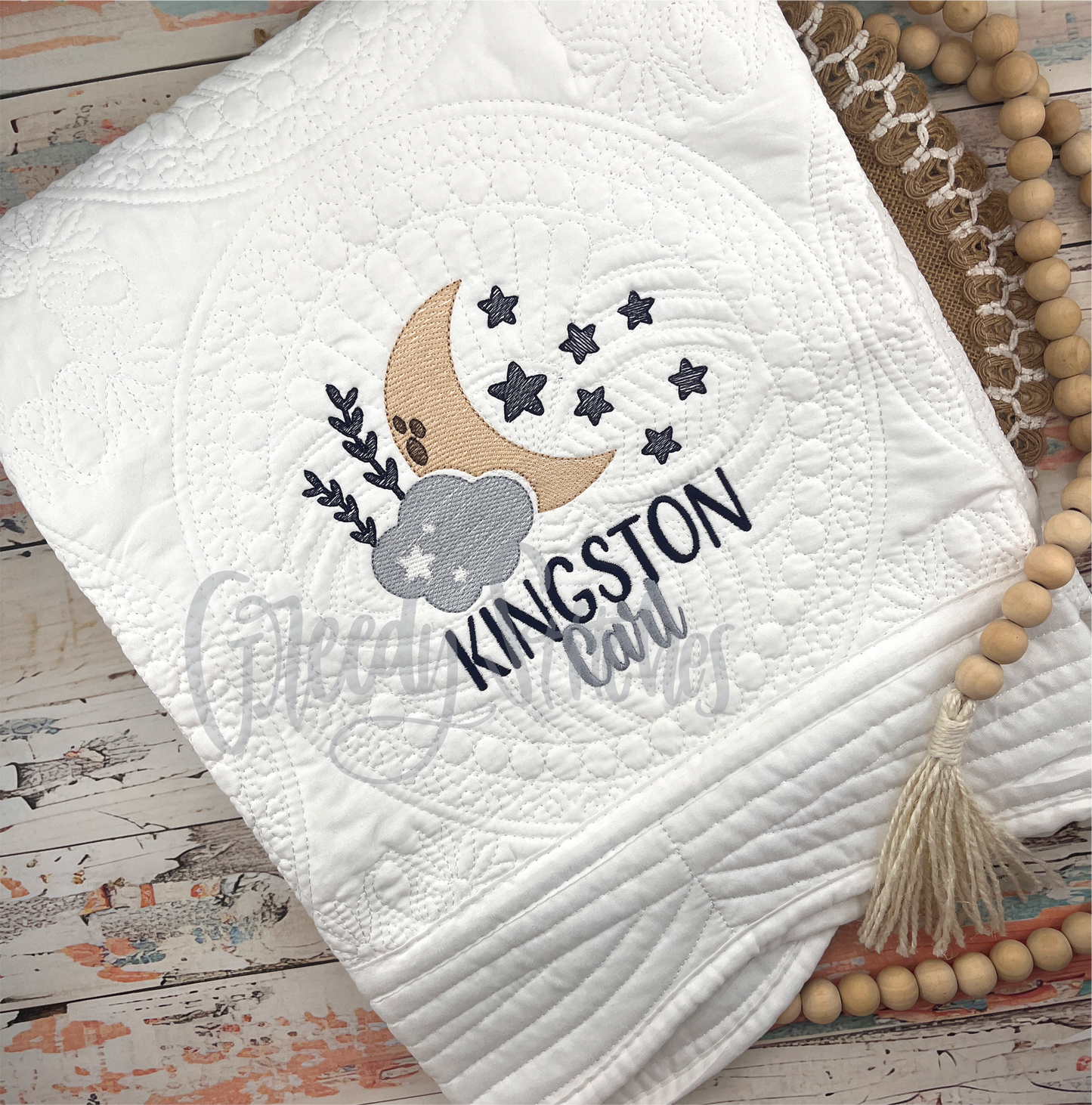 Embroidered Moon & Stars Personalized Heirloom Quilt in White