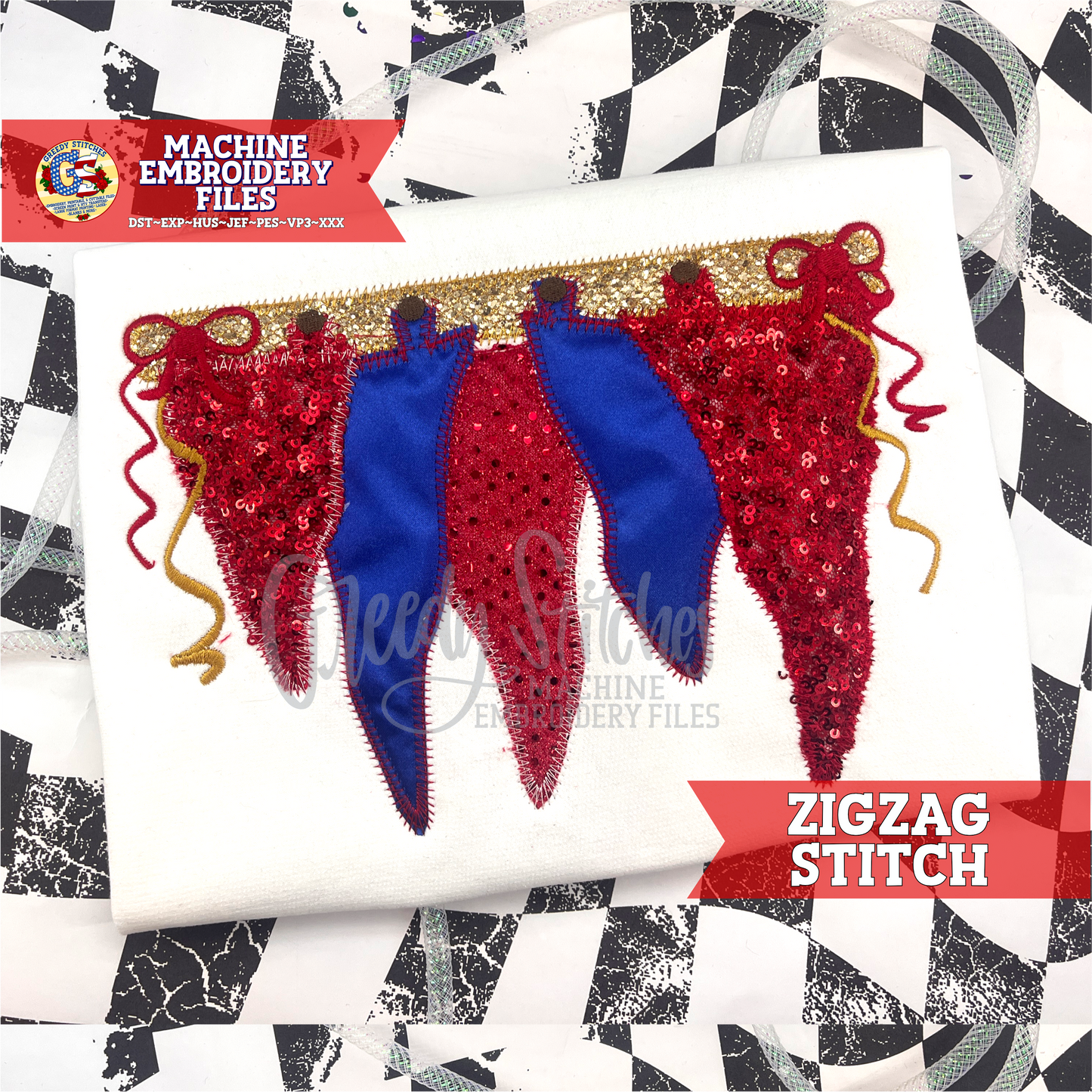 Hanging Pennants Zig Zag Applique Machine Embroidery Design