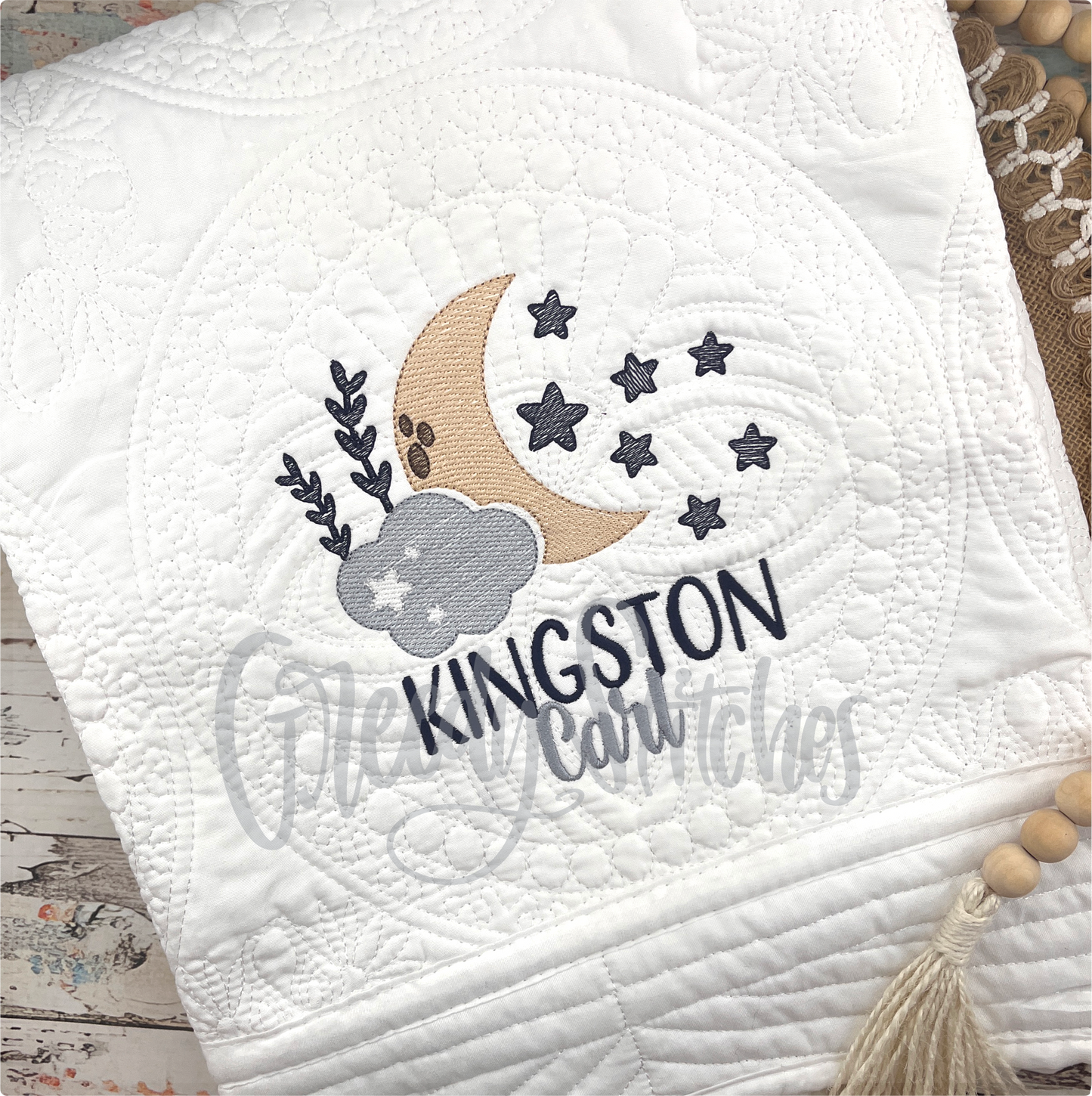 Embroidered Moon & Stars Personalized Heirloom Quilt in White