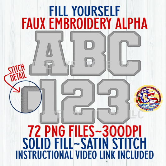 DIY Faux Embroidery Varsity Alpha & Number Pack PNG Sublimation