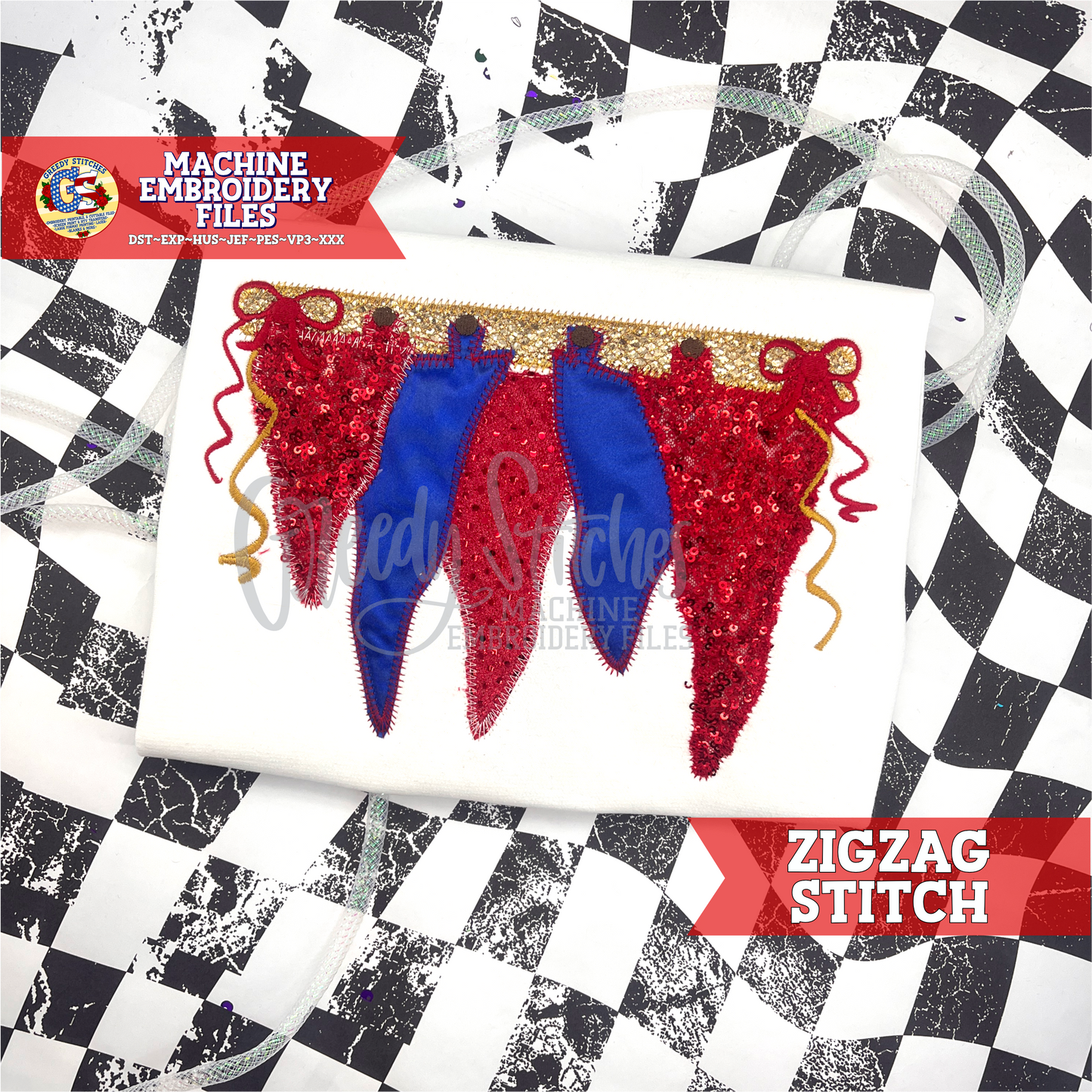 Hanging Pennants Zig Zag Applique Machine Embroidery Design