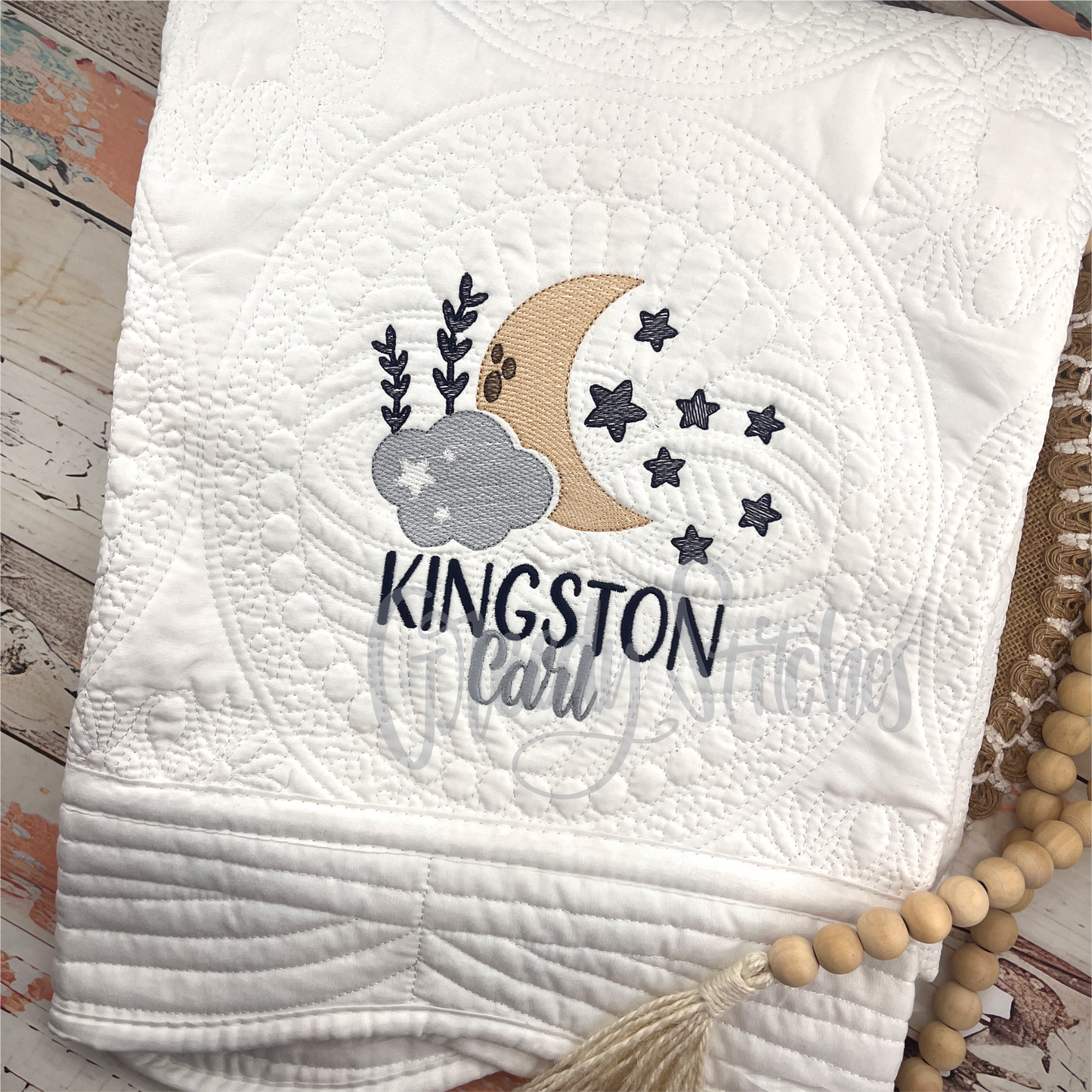 Embroidered Moon & Stars Personalized Heirloom Quilt in White