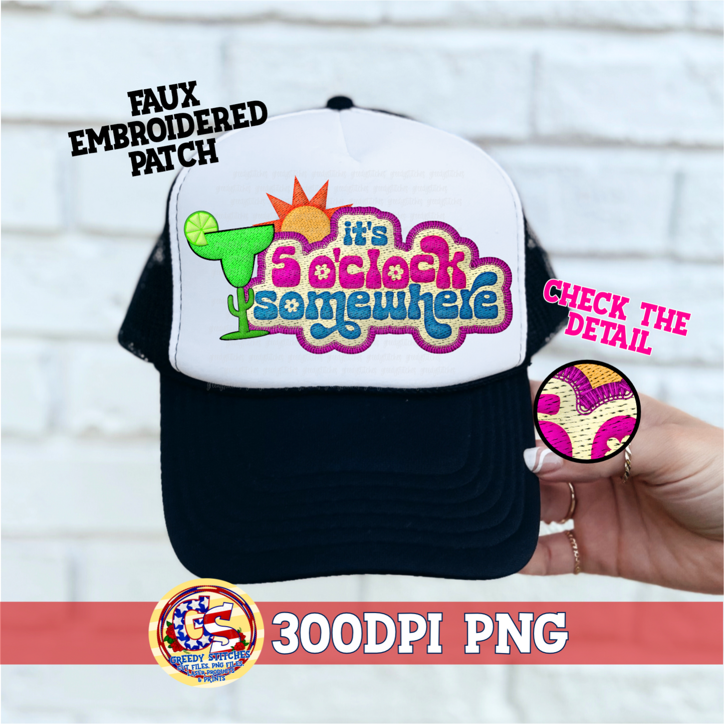 It's 5 O'clock Somewhere PNG - Faux Embroidered Patch Trucker Hats PNG