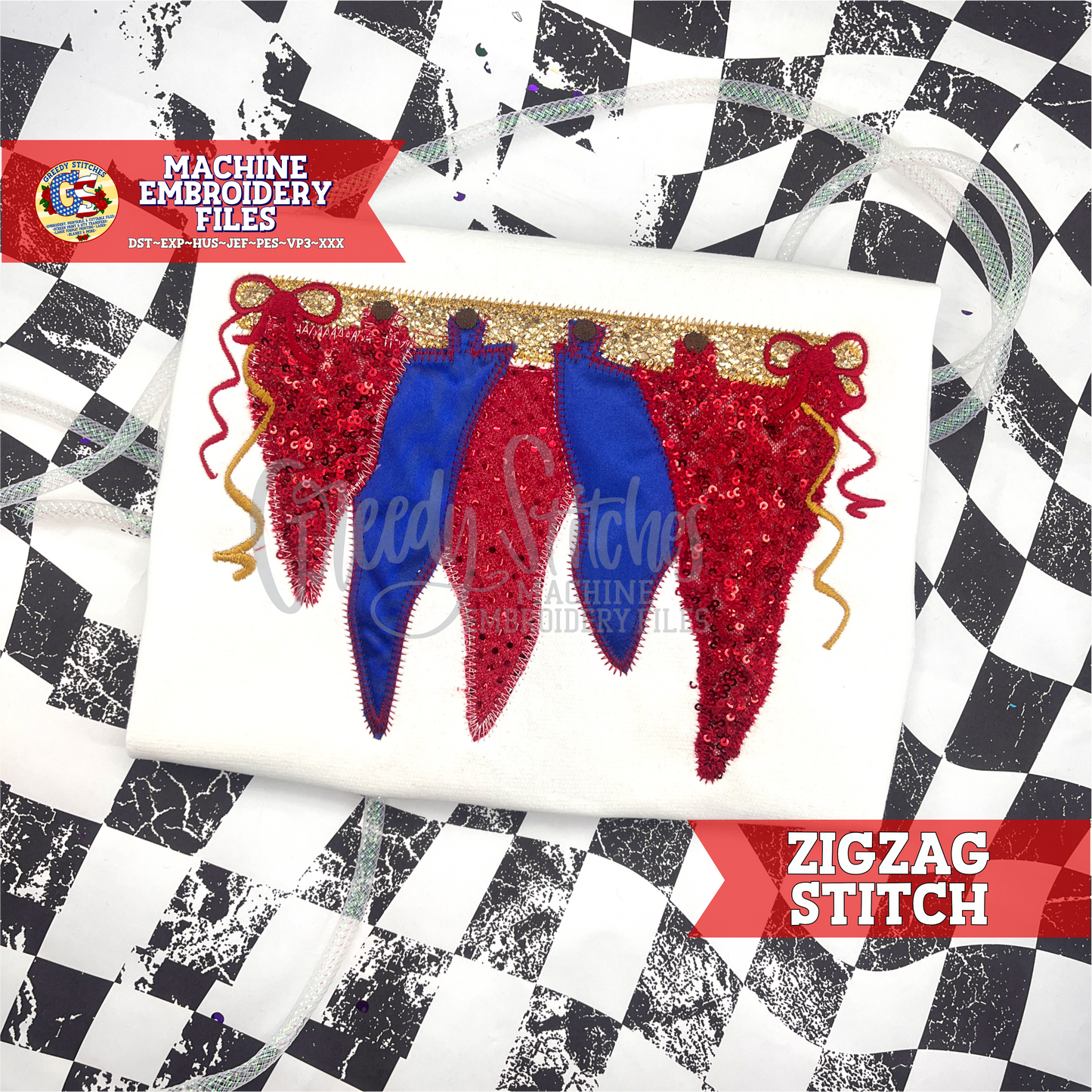 Hanging Pennants Zig Zag Applique Machine Embroidery Design