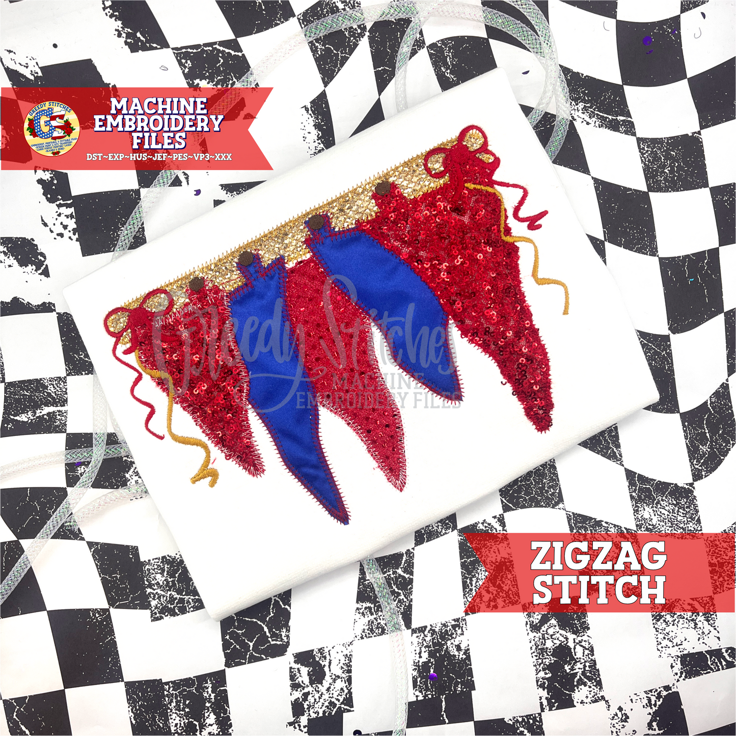 Hanging Pennants Zig Zag Applique Machine Embroidery Design