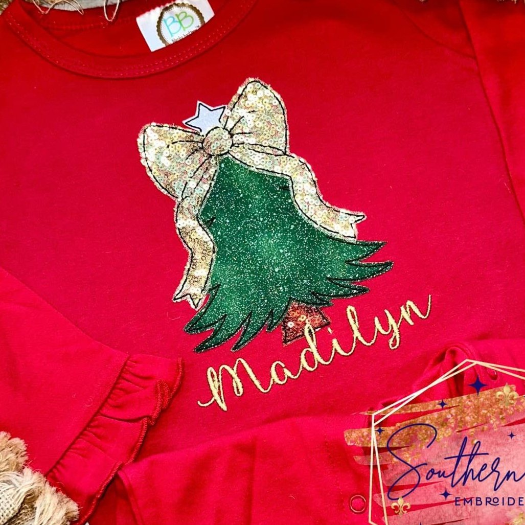 Christmas Tree with Bow Bean Stitch Applique Machine Embroidery Design