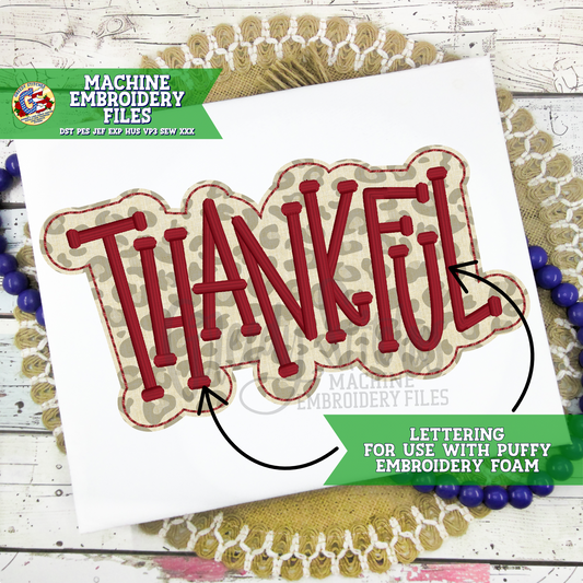 Thankful Bean Stitch Applique Machine Embroidery Design - FOR USE WITH PUFFY FOAM