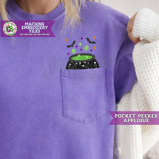 Cauldrons with Bats Applique Pocket Peeker Machine Embroidery Design