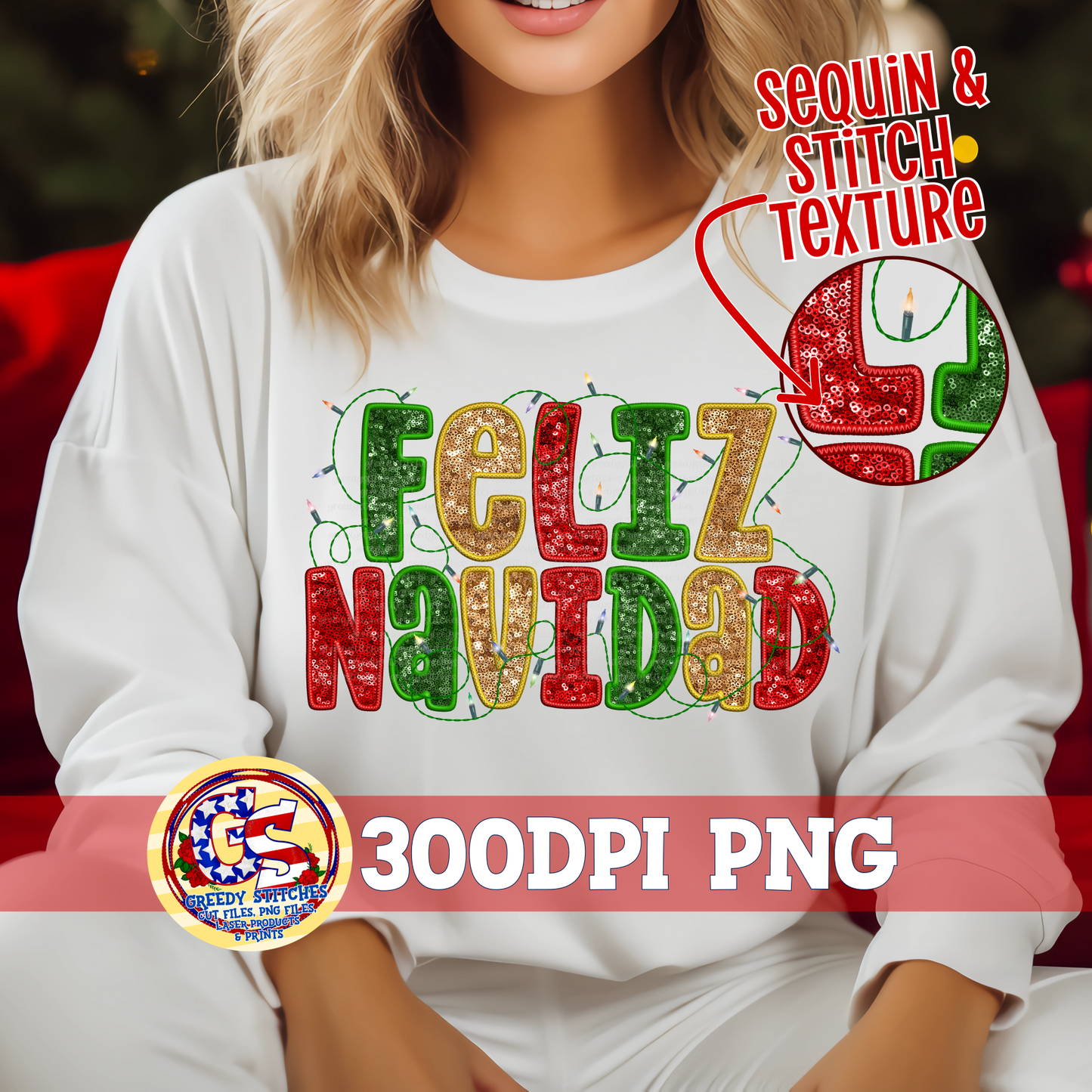 Feliz Navidad Faux Embroidery Sequins PNG