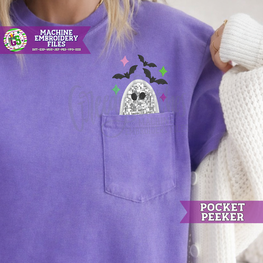 Judging Ghost with Bats Applique Pocket Peeker Machine Embroidery Design