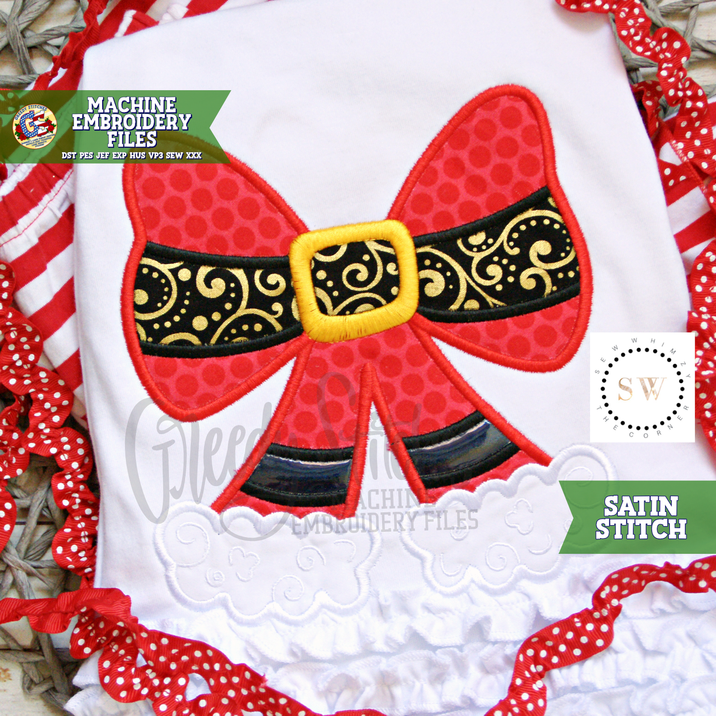 Santa Bow Satin Stitch Applique Machine Embroidery Design