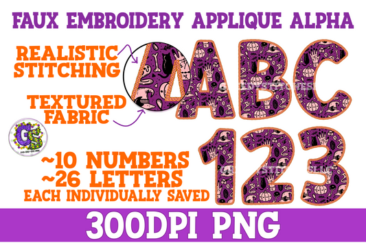 Halloween Witchy Fabric Faux Embroidery Alpha & Number PNG Set