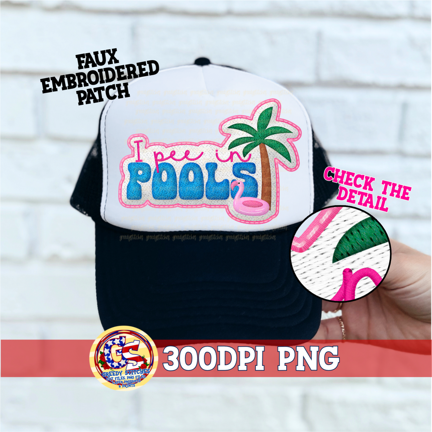 I Pee in Pools PNG - Rude Faux Embroidered Patch Trucker Hats PNG