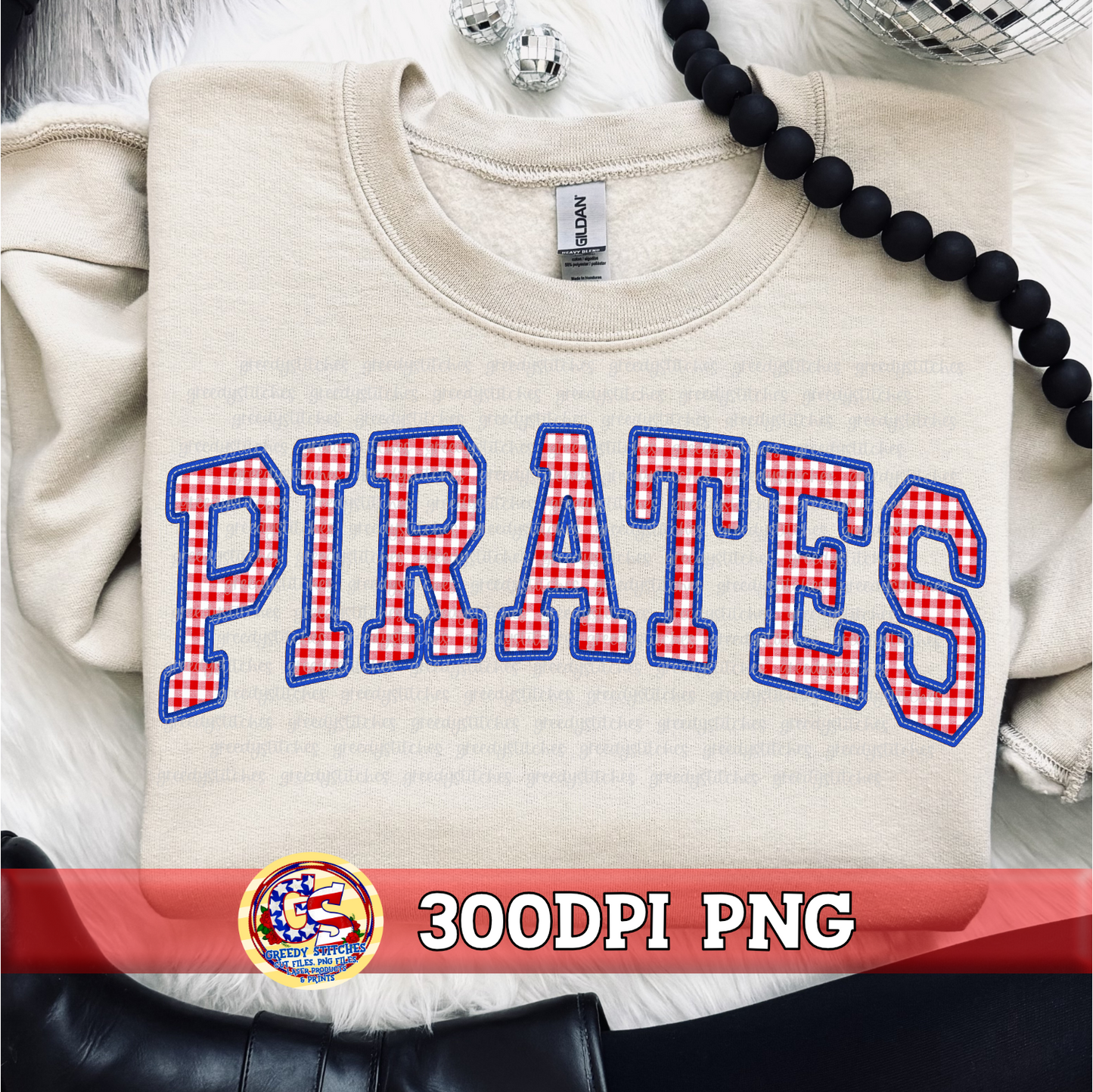 Pirates Gingham Faux Embroidery PNG - Red Royal