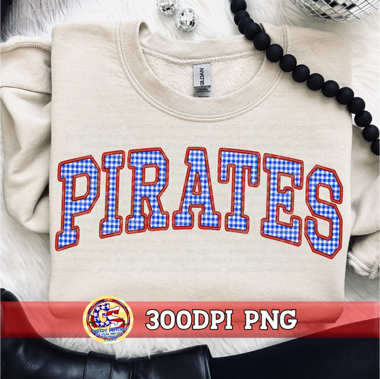 Pirates Gingham Faux Embroidery PNG - Royal Blue Red