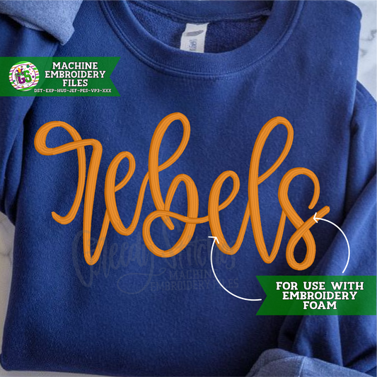 Rebels PUFF Hand Lettered Machine Embroidery Design