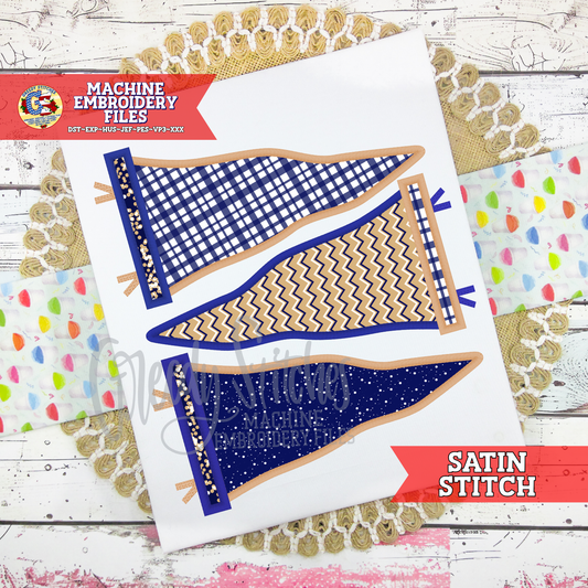 Triple Pennants Satin Applique Machine Embroidery Design