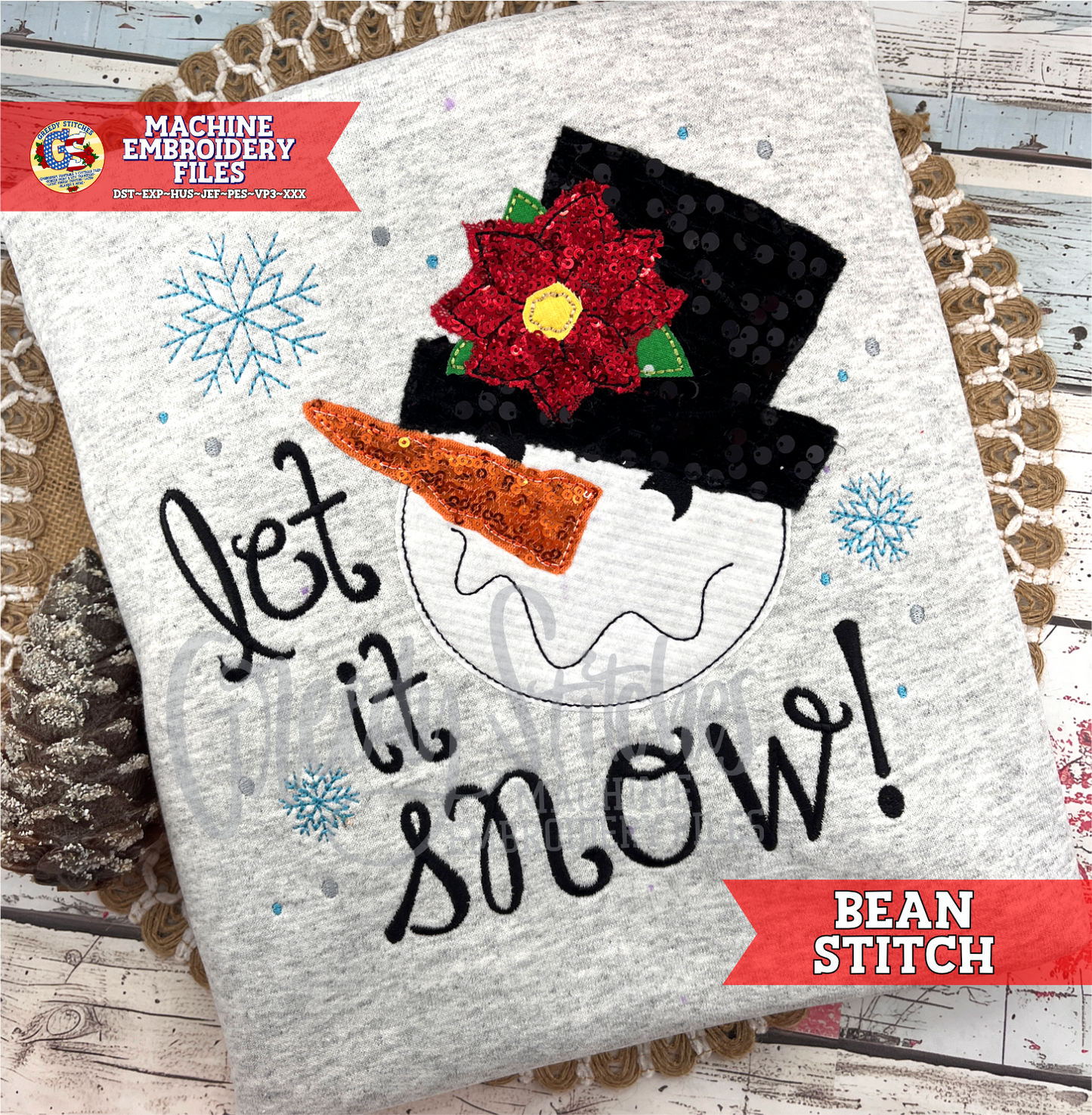 Let it Snow! Snowman Bean Stitch Applique Machine Embroidery Design