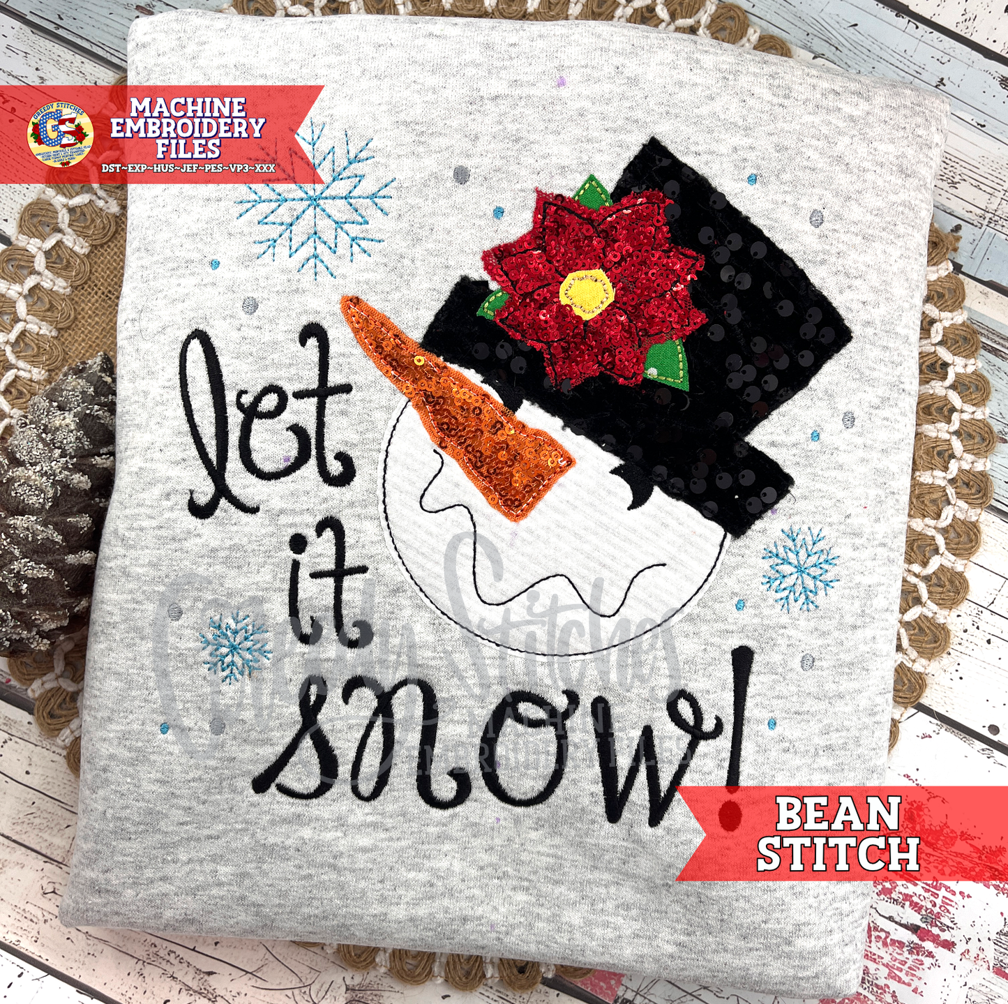 Let it Snow! Snowman Bean Stitch Applique Machine Embroidery Design