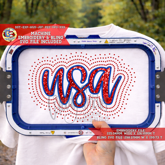 USA Script Applique Machine Embroidery & Bling SVG Design