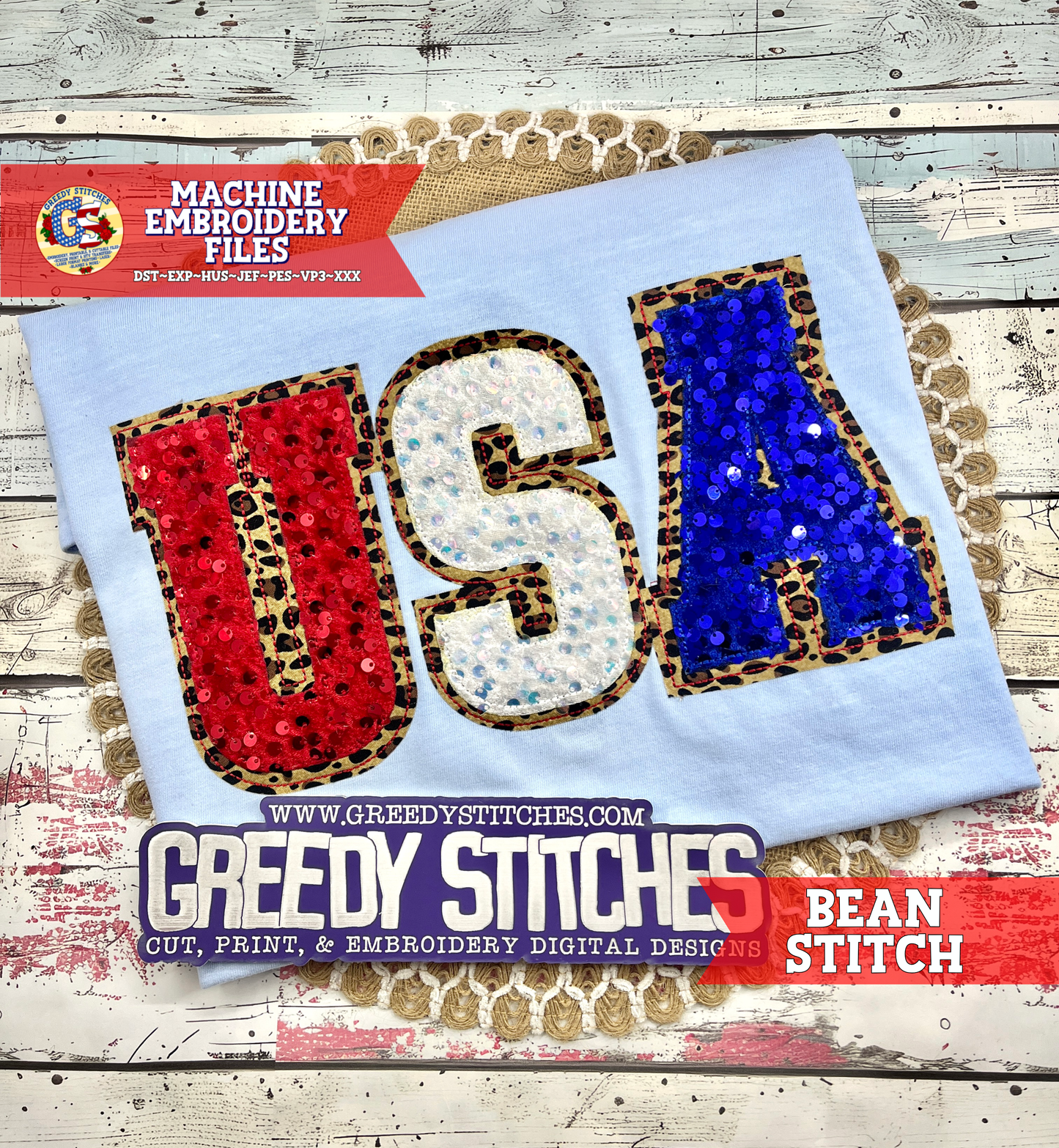 Varsity USA Double Applique Bean Stitch Machine Embroidery Design