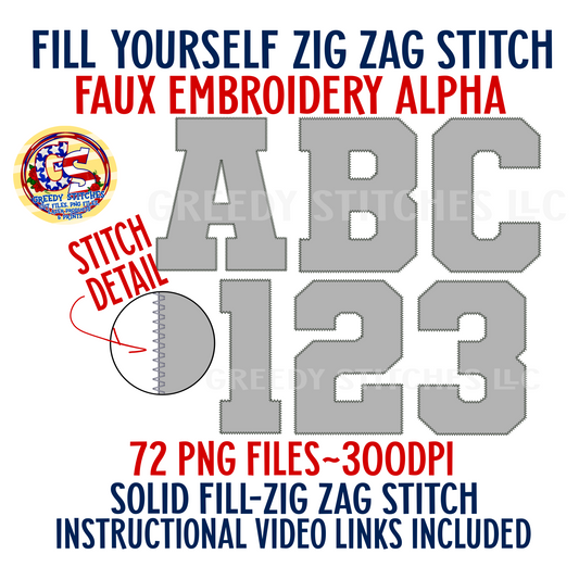 DIY Faux Zigzag Embroidery Varsity Alpha & Number Pack PNG