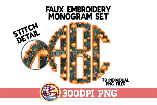Faux Embroidery Fall Pumpkin Scalloped Monogram Set PNG Sublimation