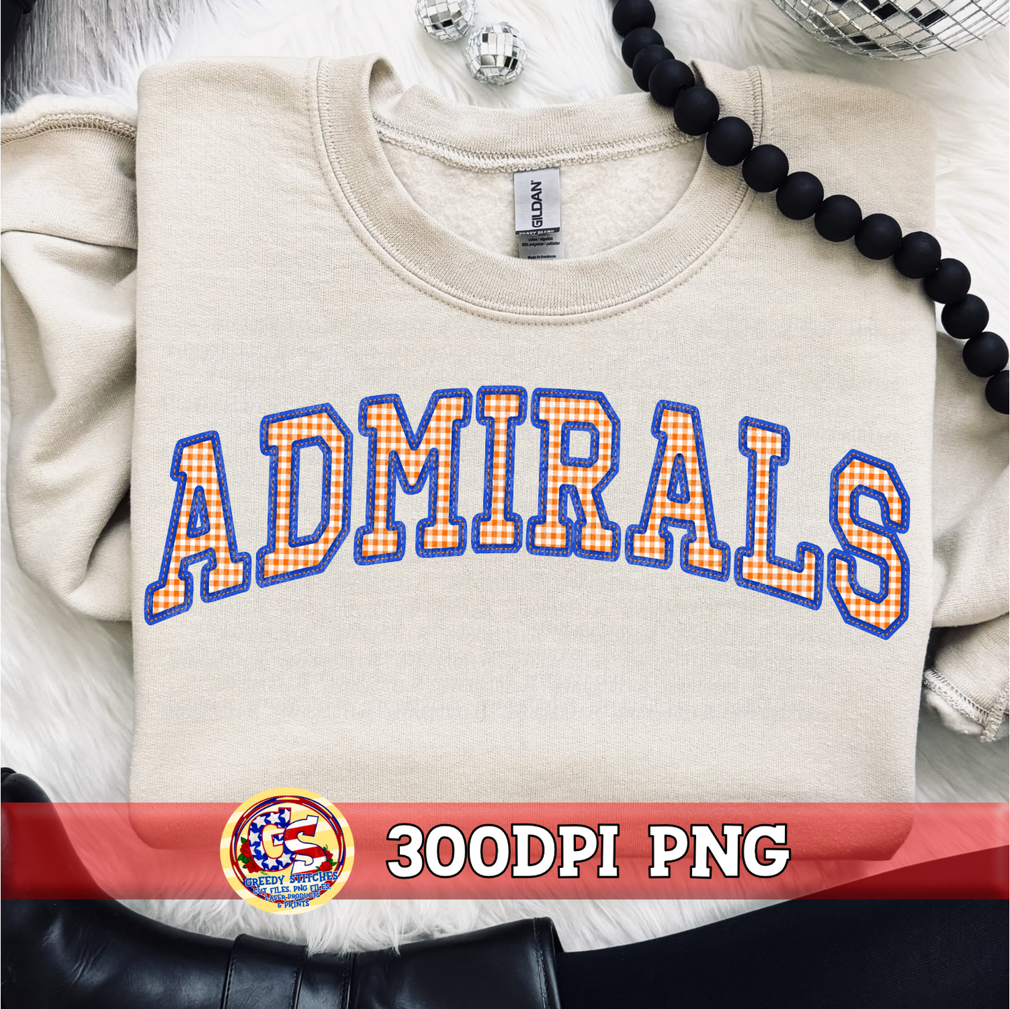 Admirals Gingham Faux Embroidery PNG - Royal Orange