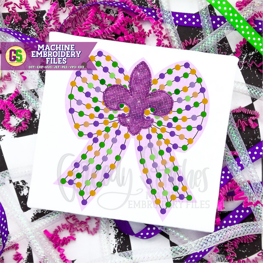 Mardi Gras Coquette Bead Bow Applique Bean Stitch Machine Embroidery Design