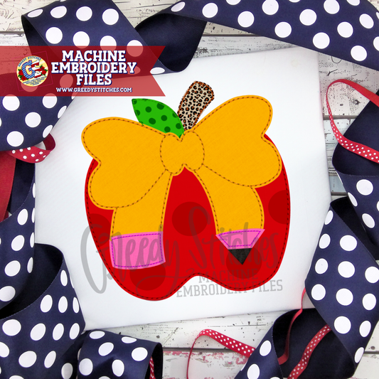 Apple with Pencil Bow Applique Machine Embroidery Design