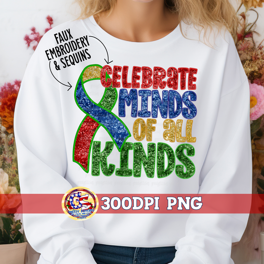 Celebrate Minds of All Kinds Faux Embroidery Sequin Autism PNG