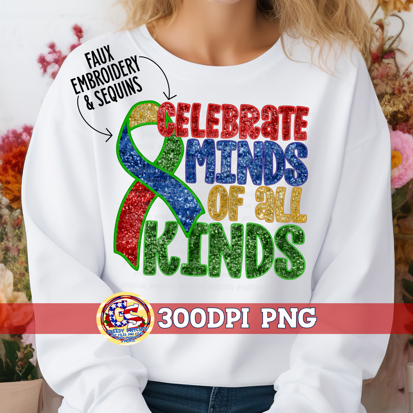 Celebrate Minds of All Kinds Faux Embroidery Sequin Autism PNG