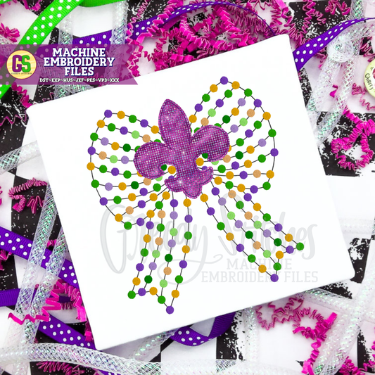 Mardi Gras Coquette Bead Bow Bean Stitch Machine Embroidery Design