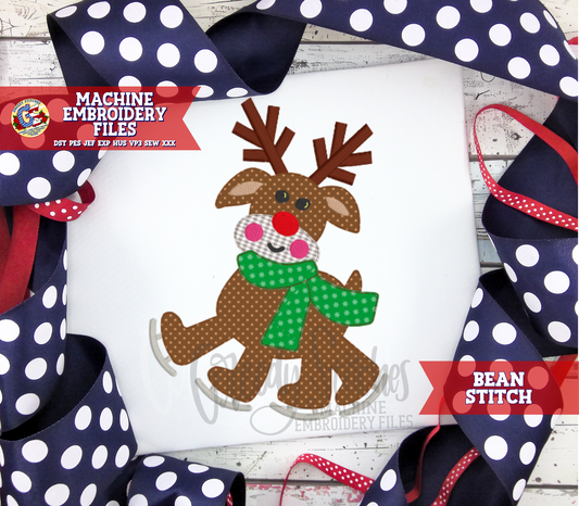 Ice Skating Reindeer Bean Stitch Applique Machine Embroidery Design