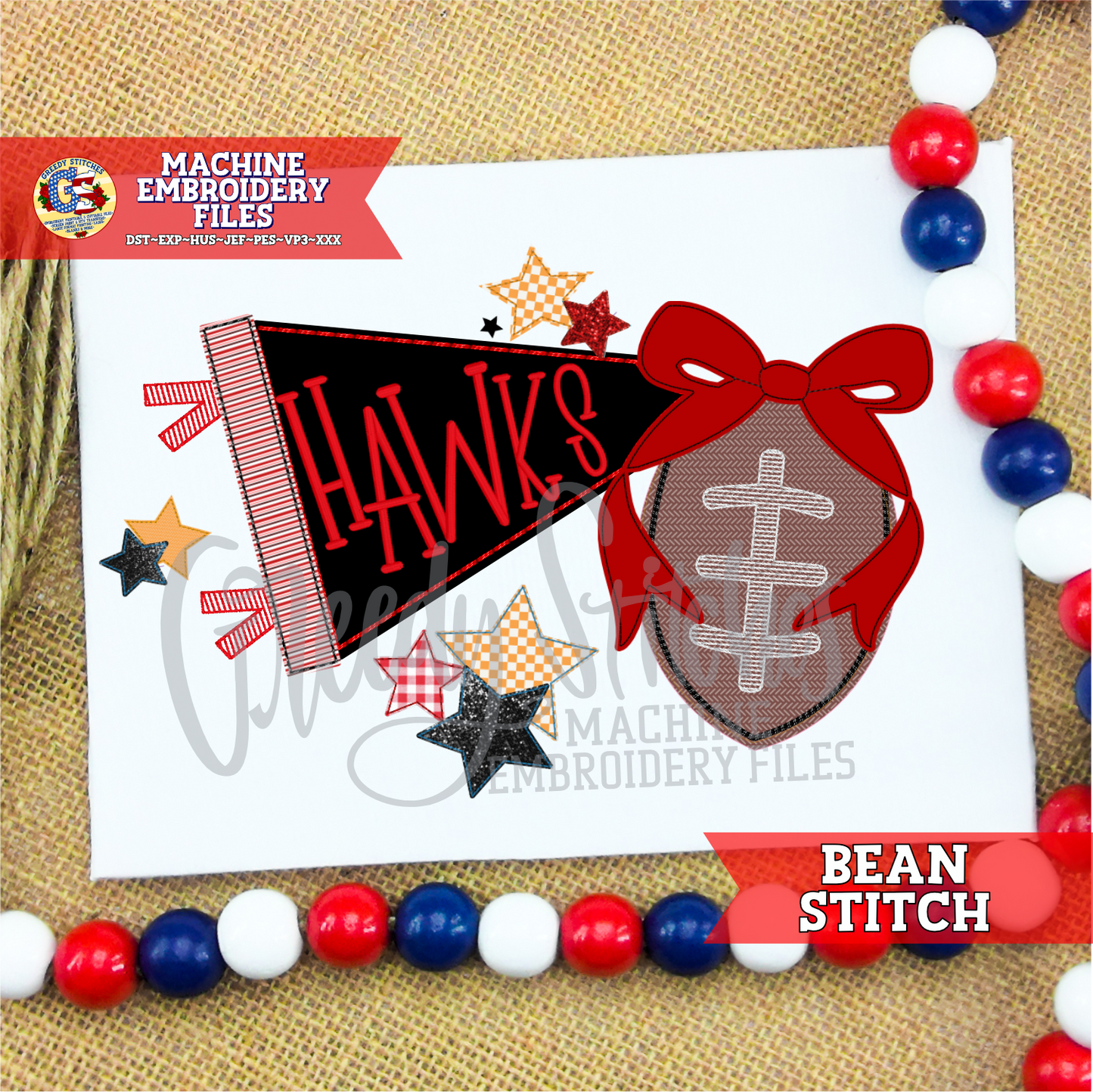 Football Bow Stars Bean Stitch Applique Machine Embroidery Design