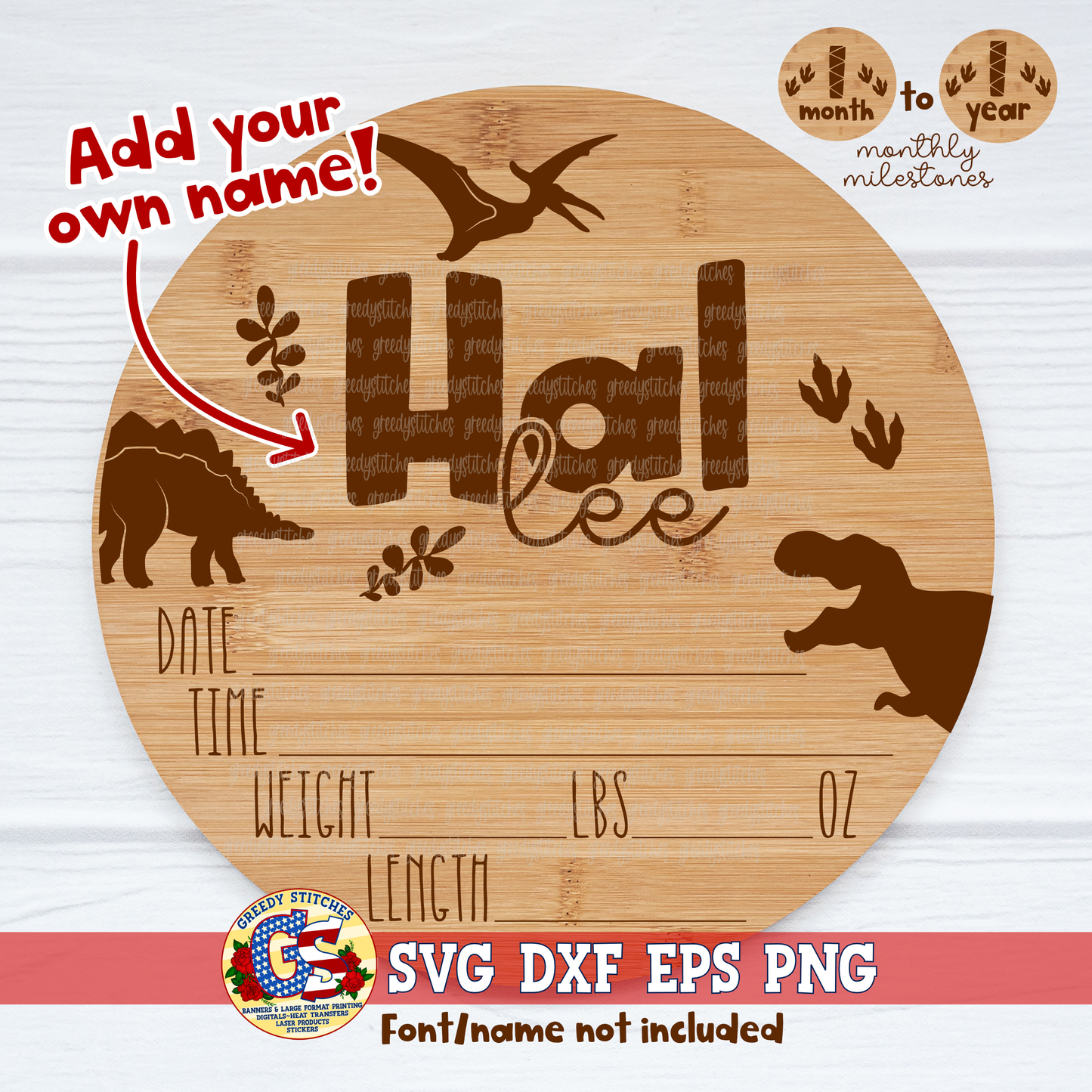 Dinosaur Birth Announce & Monthly Milestones SVG DXF EPS PNG-Laserable